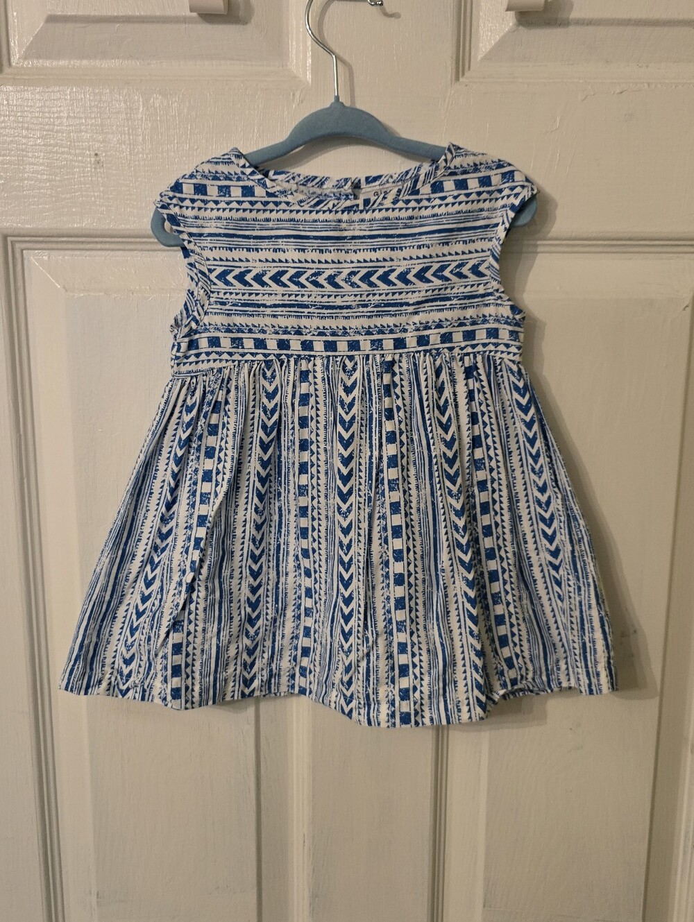 Sleeveless Blue & White Patterned Cotton Dress for Girls